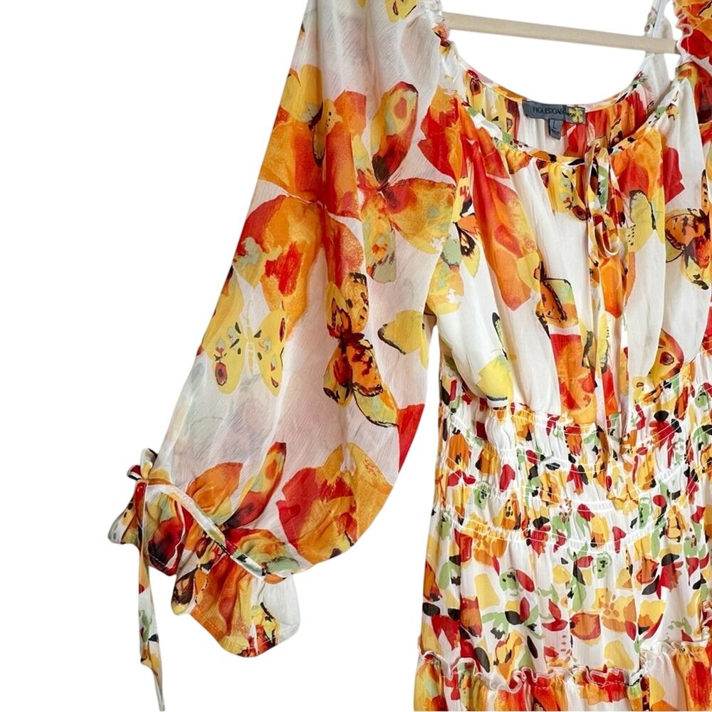 Figueroa & Flower Butterfly Midi Dress L Orange Smocked Peasant Tiered Cottage - Picture 4 of 13